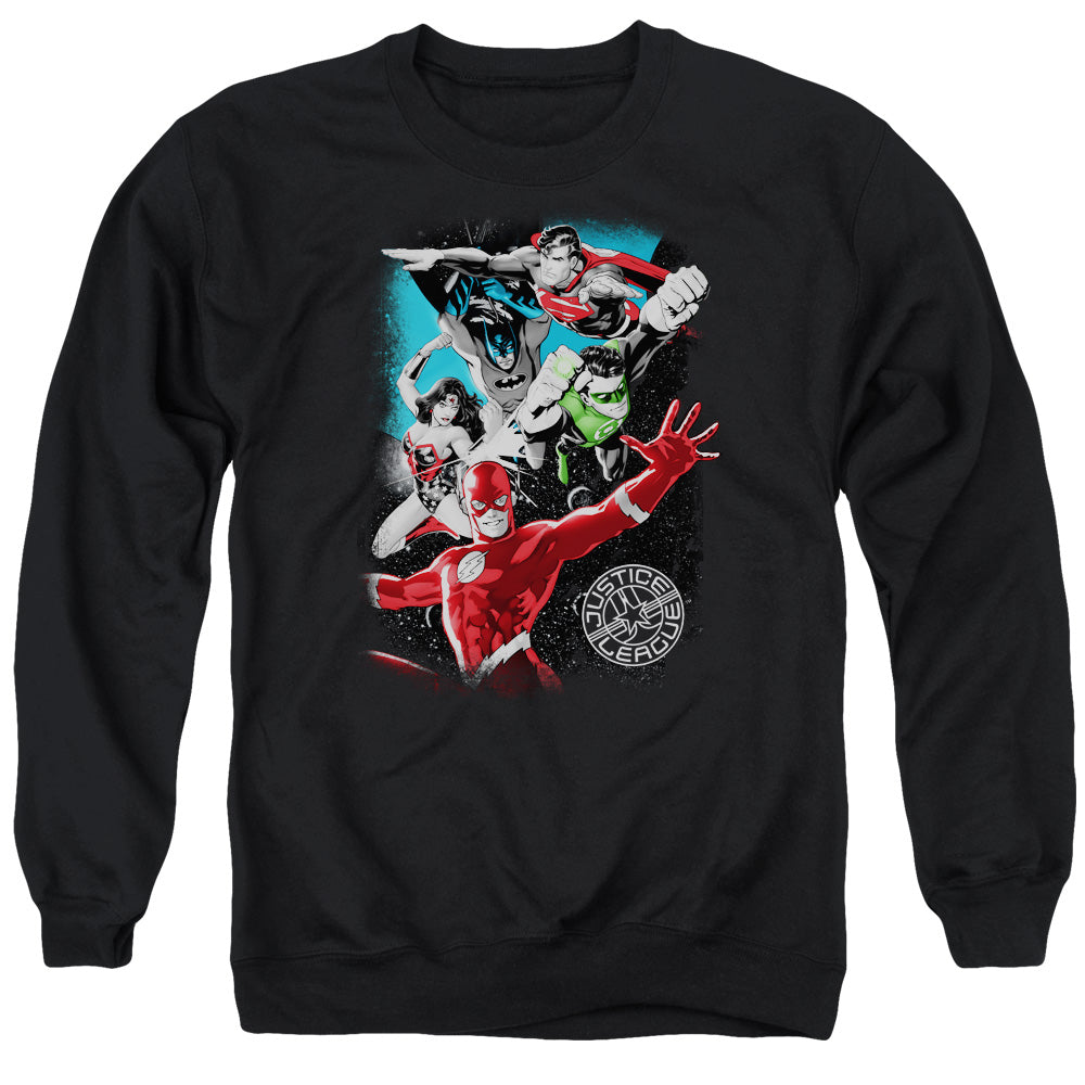 AN OFFCIALLY LICENSED JLA GALACTIC ATTACK ADULT UNISEX CREWNECK SWEATSHIRT BLACK