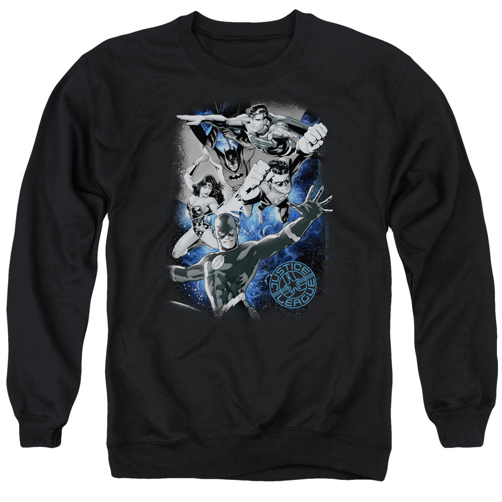 AN OFFCIALLY LICENSED JLA GALACTIC ATTACK NEBULA ADULT UNISEX CREWNECK SWEATSHIRT BLACK