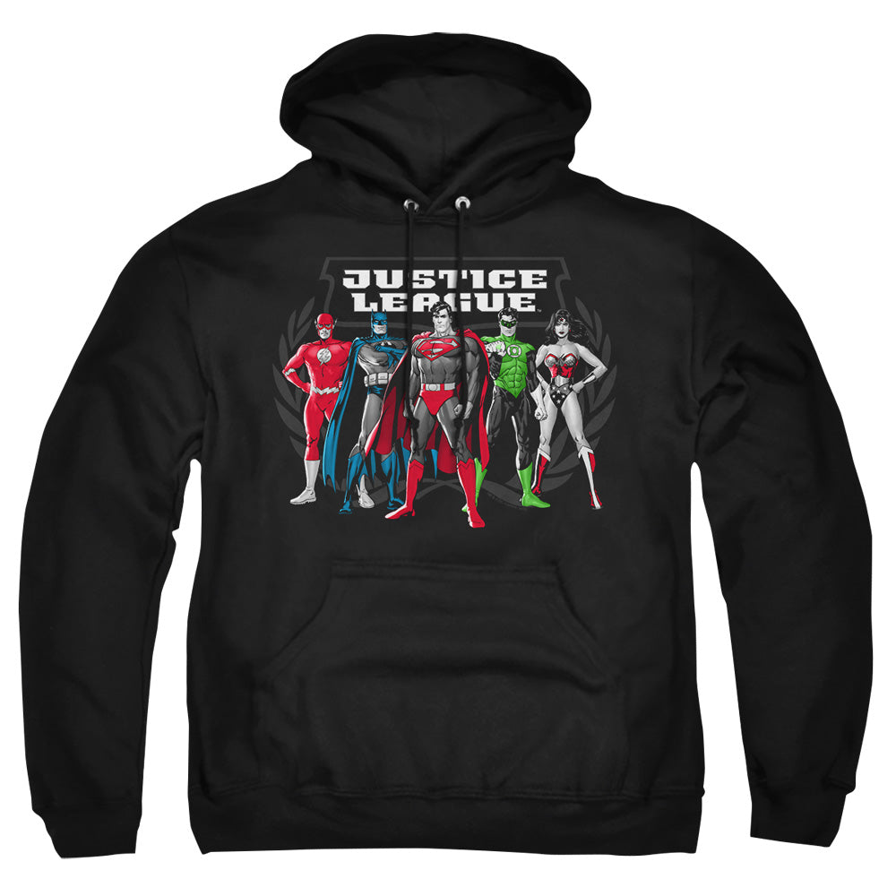 AN OFFCIALLY LICENSED JLA THE BIG FIVE ADULT UNISEX PULLOVER HOODIE BLACK