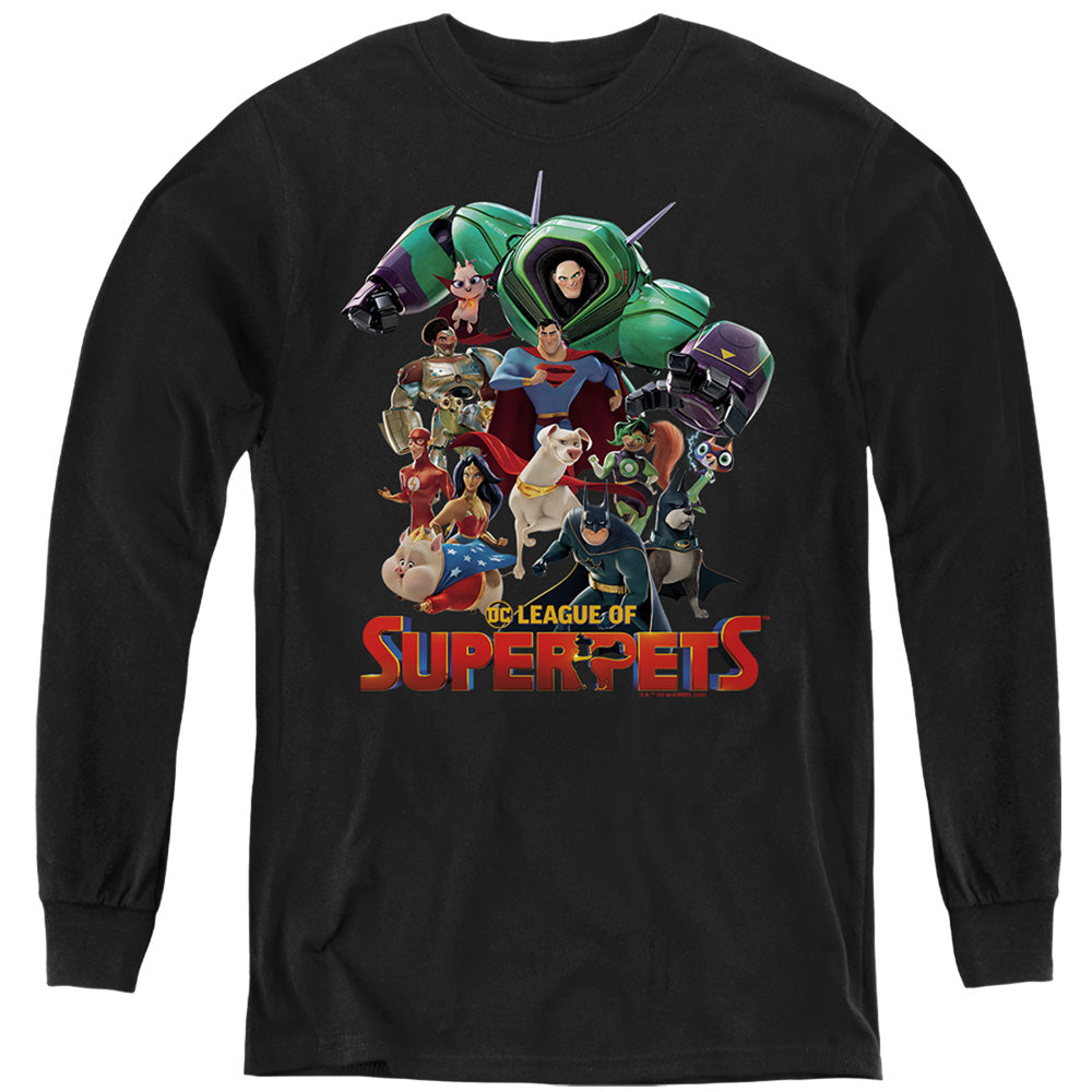 AN OFFCIALLY LICENSED DC LEAGUE OF SUPER PETS SUPER PET PILE YOUTH LONG SLEEVE T-SHIRT BLACK