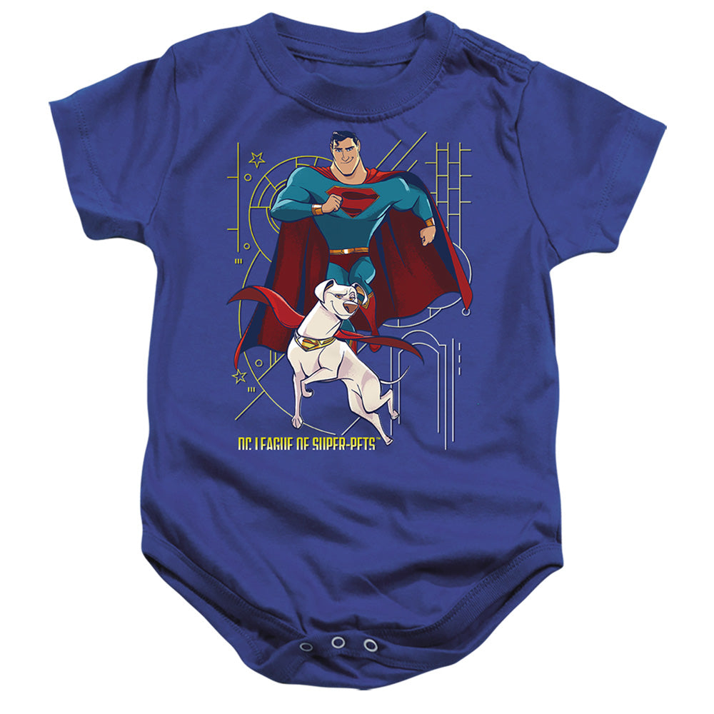 AN OFFCIALLY LICENSED DC LEAGUE OF SUPER PETS SUPER AND KRYPTO BABY BODYSUIT ROYAL