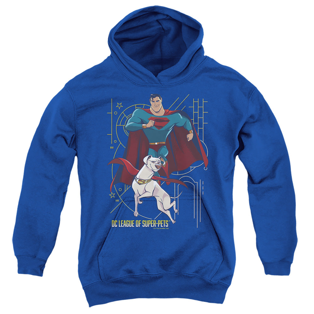 AN OFFCIALLY LICENSED DC LEAGUE OF SUPER PETS SUPER AND KRYPTO YOUTH HOODIE ROYAL