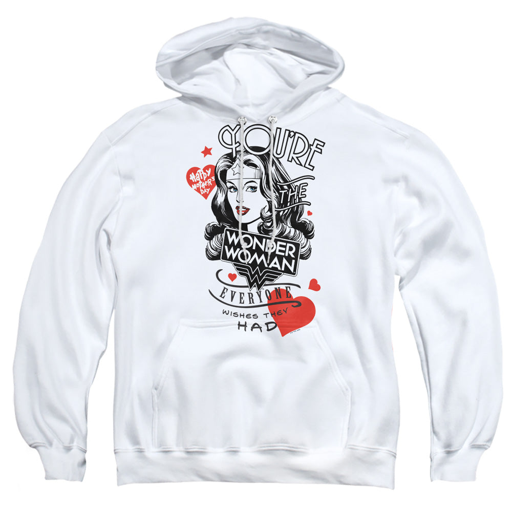 AN OFFCIALLY LICENSED JUSTICE LEAGUE CORE EVERYONE WISHES ADULT UNISEX PULLOVER HOODIE WHITE