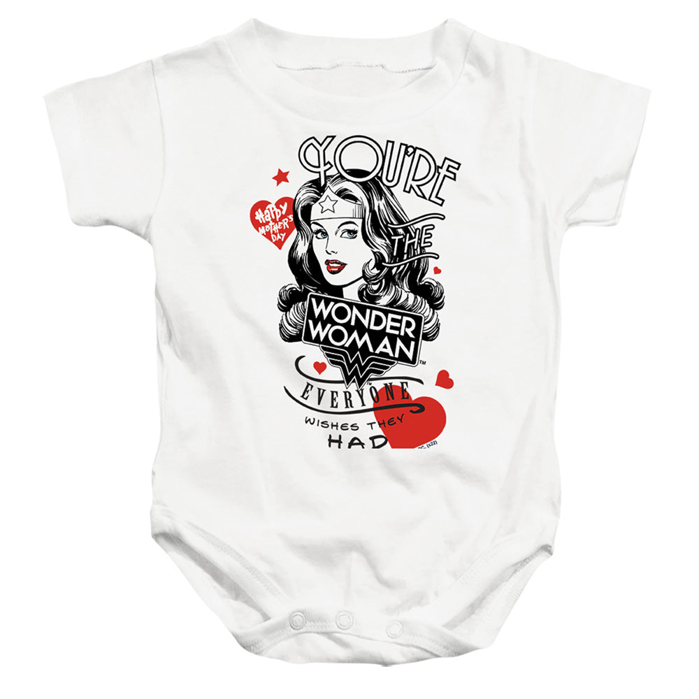 AN OFFCIALLY LICENSED JUSTICE LEAGUE CORE EVERYONE WISHES BABY BODYSUIT WHITE