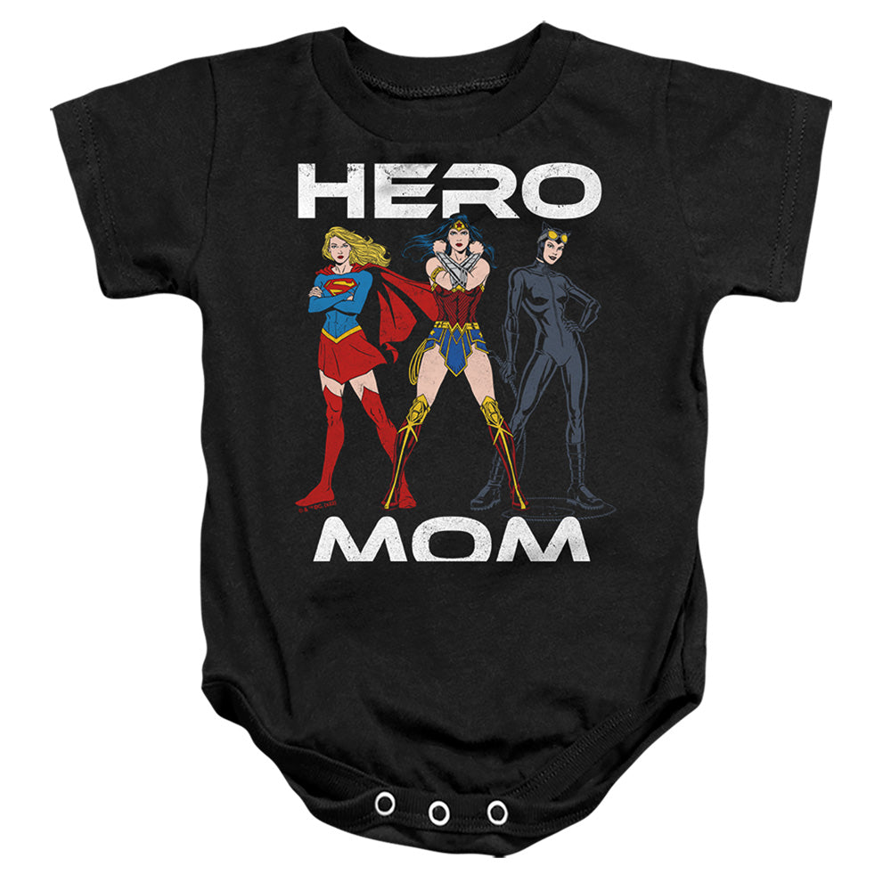 AN OFFCIALLY LICENSED JUSTICE LEAGUE HERO MOM MULTI BABY BODYSUIT BLACK