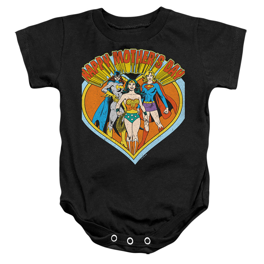 AN OFFCIALLY LICENSED JUSTICE LEAGUE JLA MOTHERS DAY HEART BABY BODYSUIT BLACK
