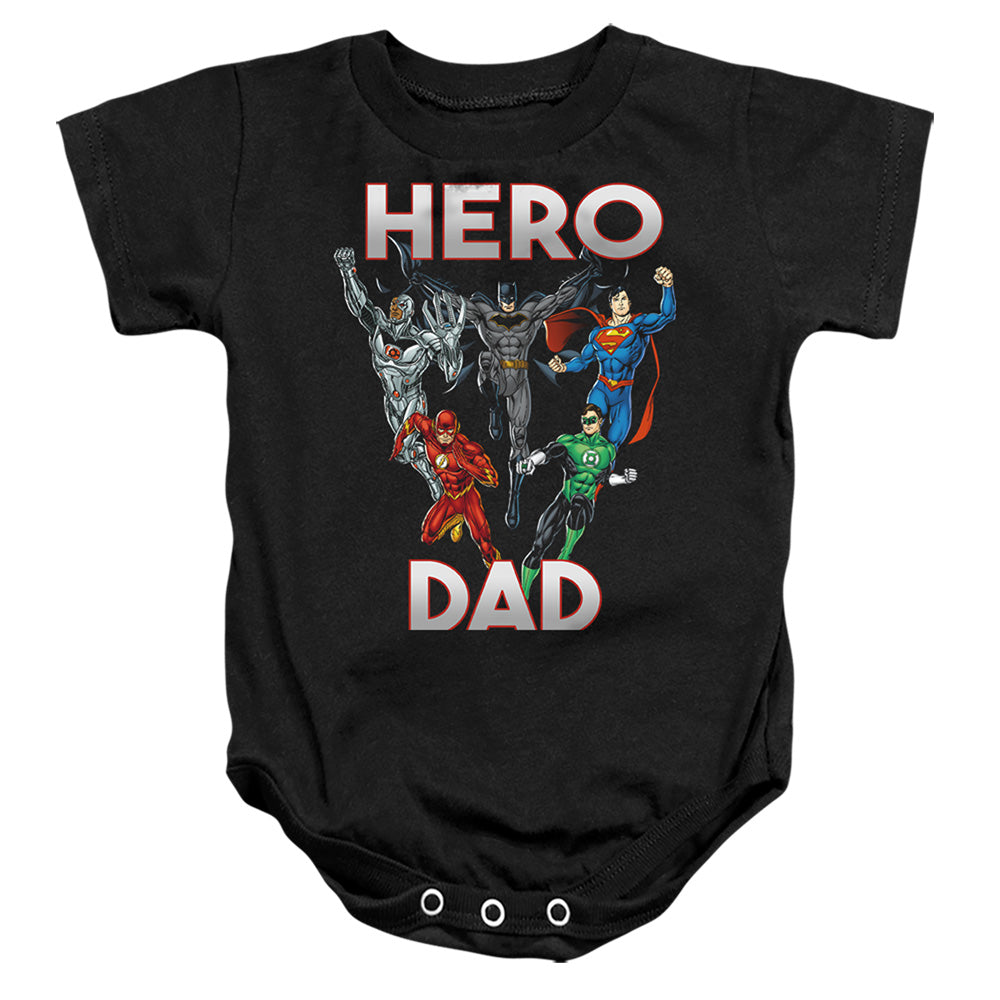 AN OFFCIALLY LICENSED JUSTICE LEAGUE HERO DAD MULTI BABY BODYSUIT BLACK
