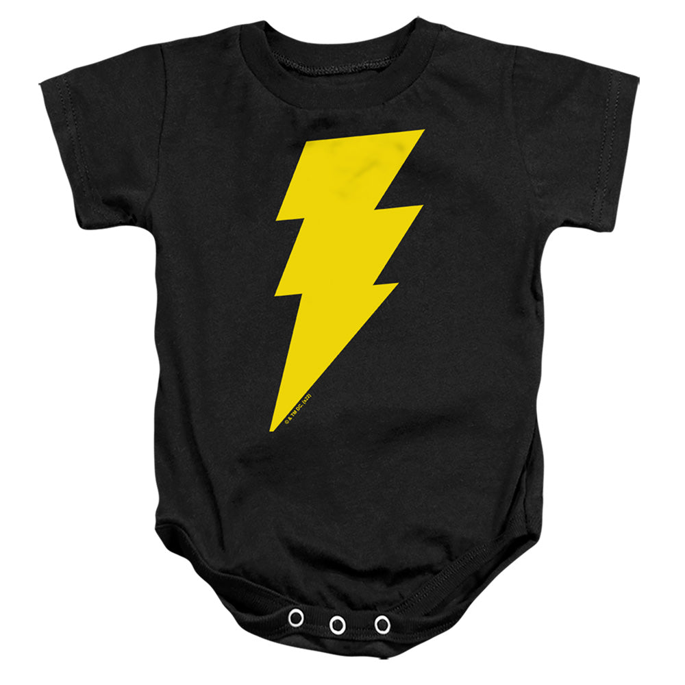 AN OFFCIALLY LICENSED JUSTICE LEAGUE BLACK ADAM BOLT BABY BODYSUIT BLACK