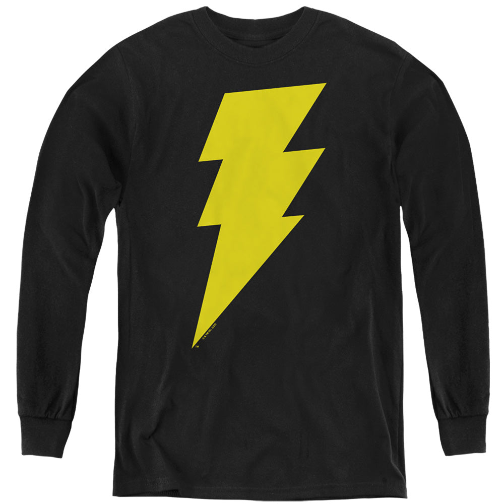 AN OFFCIALLY LICENSED JUSTICE LEAGUE BLACK ADAM BOLT YOUTH LONG SLEEVE T-SHIRT BLACK