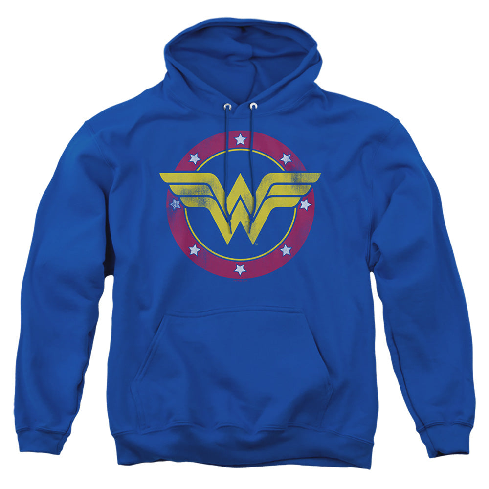 AN OFFCIALLY LICENSED JUSTICE LEAGUE WONDER WOMAN CIRCLE LOGO ADULT UNISEX PULLOVER HOODIE ROYAL