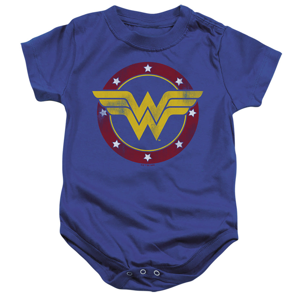 AN OFFCIALLY LICENSED JUSTICE LEAGUE WONDER WOMAN CIRCLE LOGO BABY BODYSUIT ROYAL