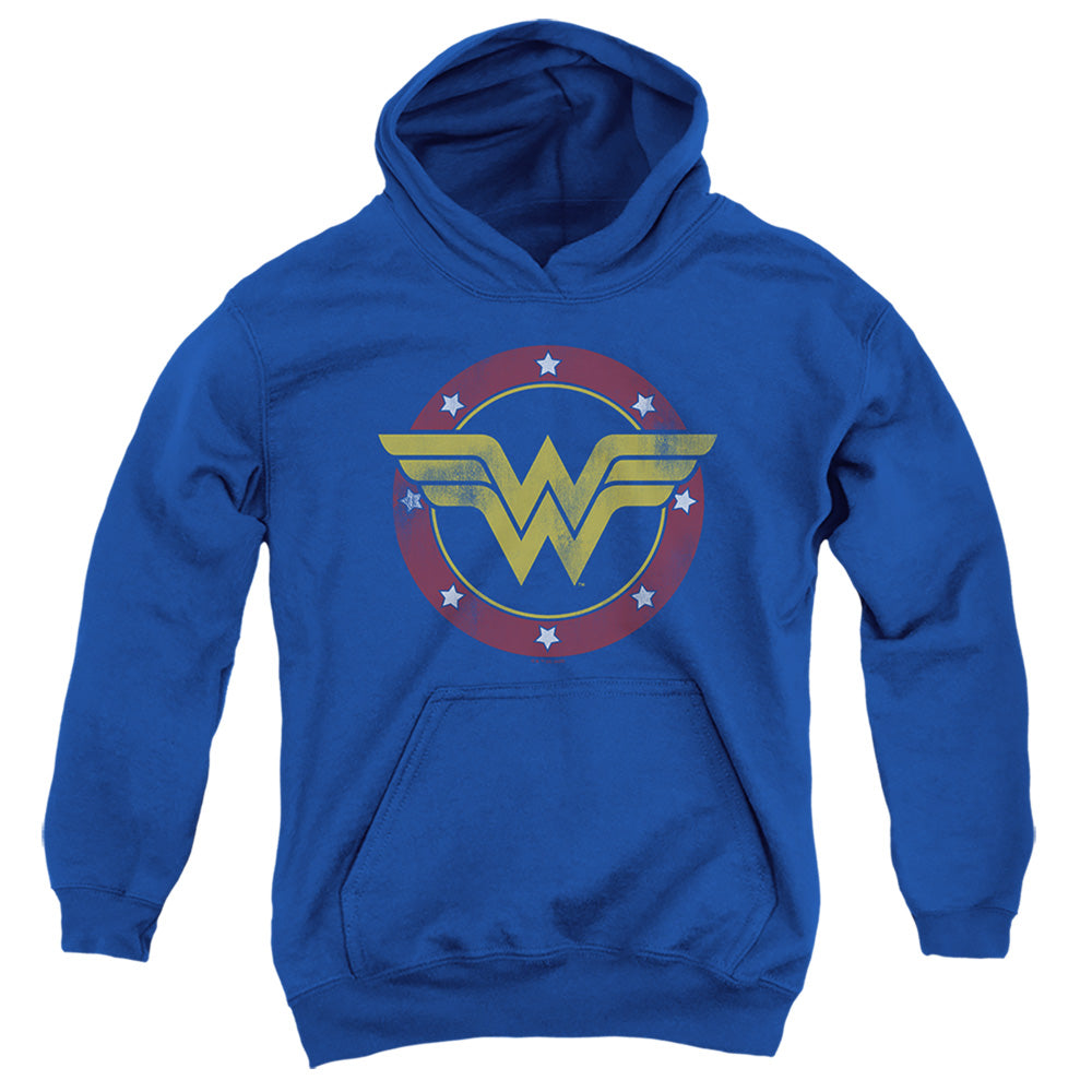 AN OFFCIALLY LICENSED JUSTICE LEAGUE WONDER WOMAN CIRCLE LOGO YOUTH HOODIE ROYAL