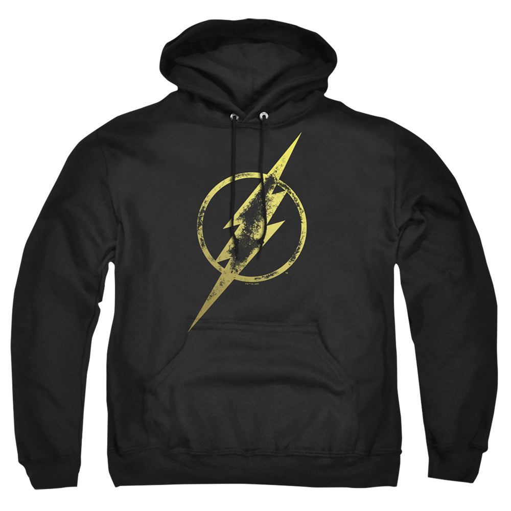 AN OFFCIALLY LICENSED JUSTICE LEAGUE FLASH ERODED BOLT ADULT UNISEX PULLOVER HOODIE BLACK