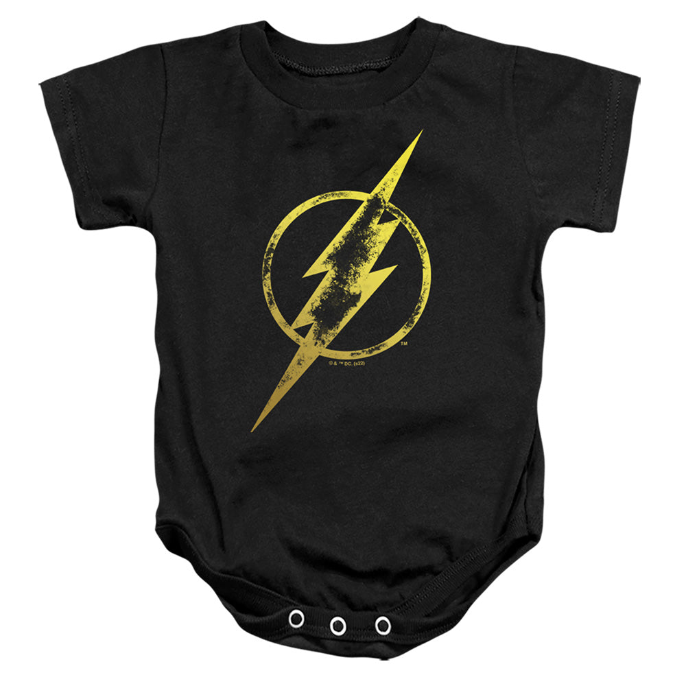 AN OFFCIALLY LICENSED JUSTICE LEAGUE FLASH ERODED BOLT BABY BODYSUIT BLACK