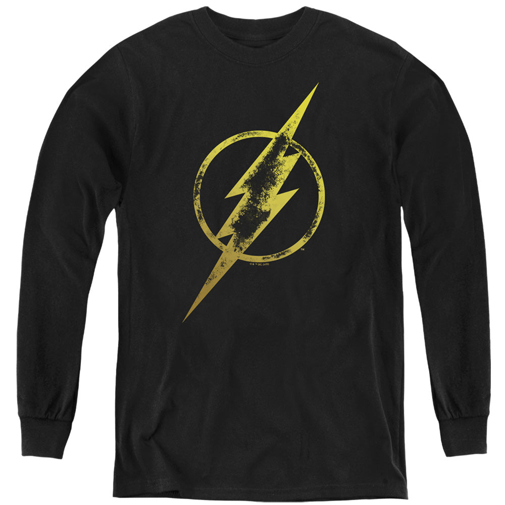 AN OFFCIALLY LICENSED JUSTICE LEAGUE FLASH ERODED BOLT YOUTH LONG SLEEVE T-SHIRT BLACK