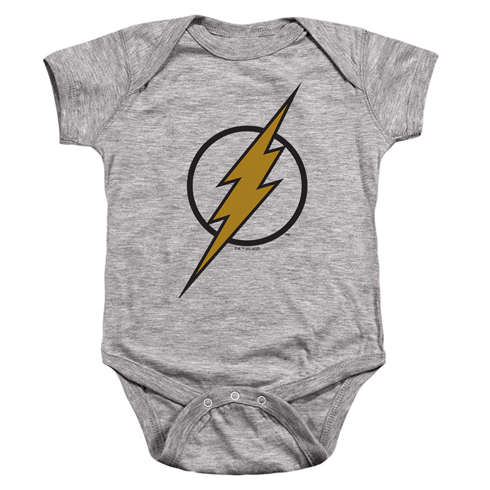 AN OFFCIALLY LICENSED JUSTICE LEAGUE FLASH MUTED COLOR BOLT BABY BODYSUIT ATHLETIC HEATHER