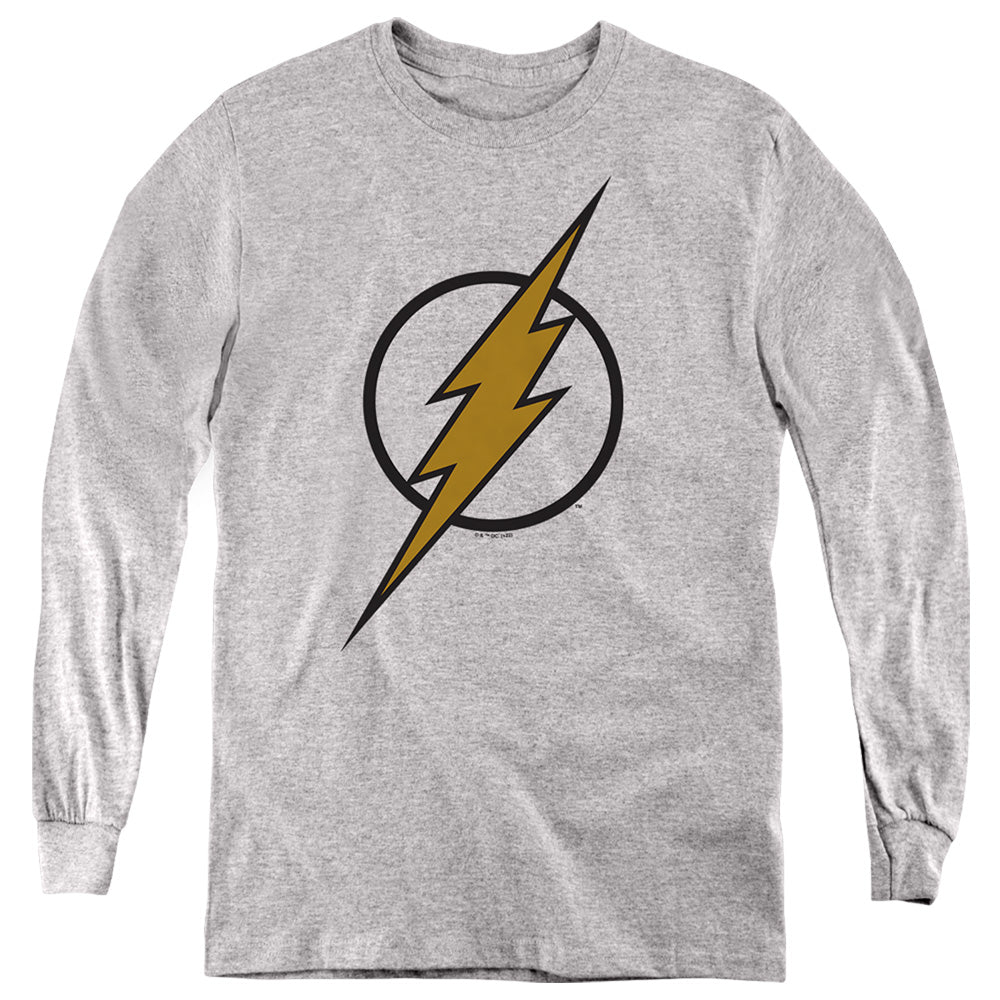 AN OFFCIALLY LICENSED JUSTICE LEAGUE FLASH MUTED COLOR BOLT YOUTH LONG SLEEVE T-SHIRT ATHLETIC HEATHER