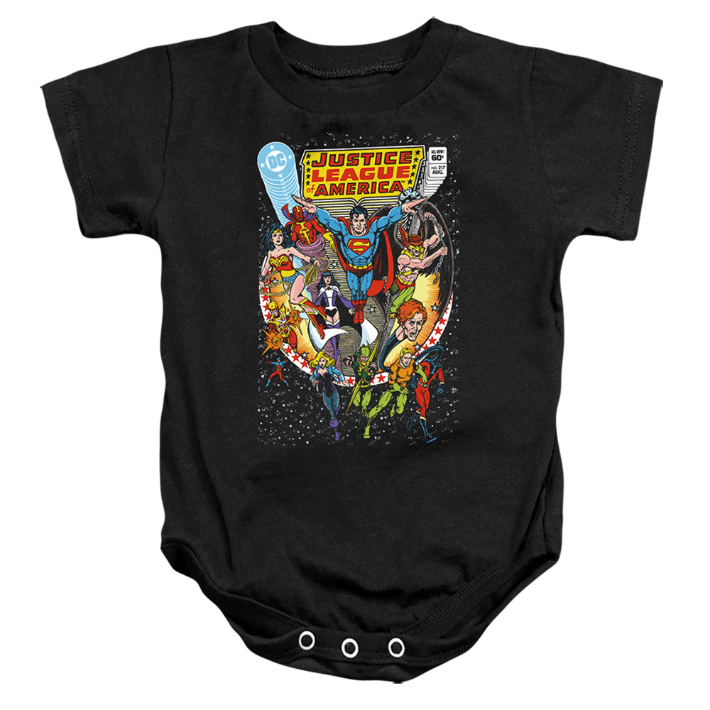 AN OFFCIALLY LICENSED JUSTICE LEAGUE JUSTICE LEAGUE NO. 217 BABY BODYSUIT BLACK
