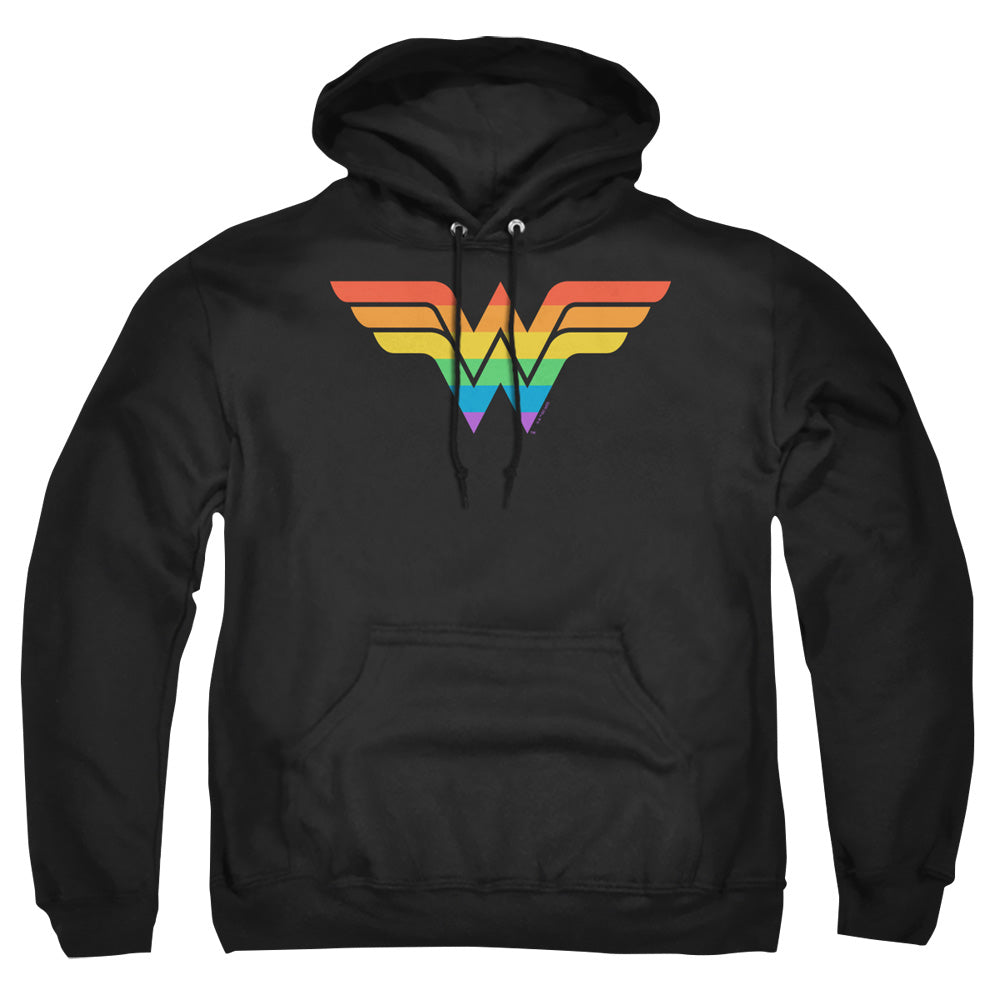 AN OFFCIALLY LICENSED JUSTICE LEAGUE WONDER WOMAN RAINBOW ADULT UNISEX PULLOVER HOODIE BLACK