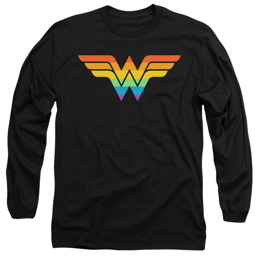 AN OFFCIALLY LICENSED JUSTICE LEAGUE WONDER WOMAN RAINBOW MEN'S LONG SLEEVE T-SHIRT BLACK