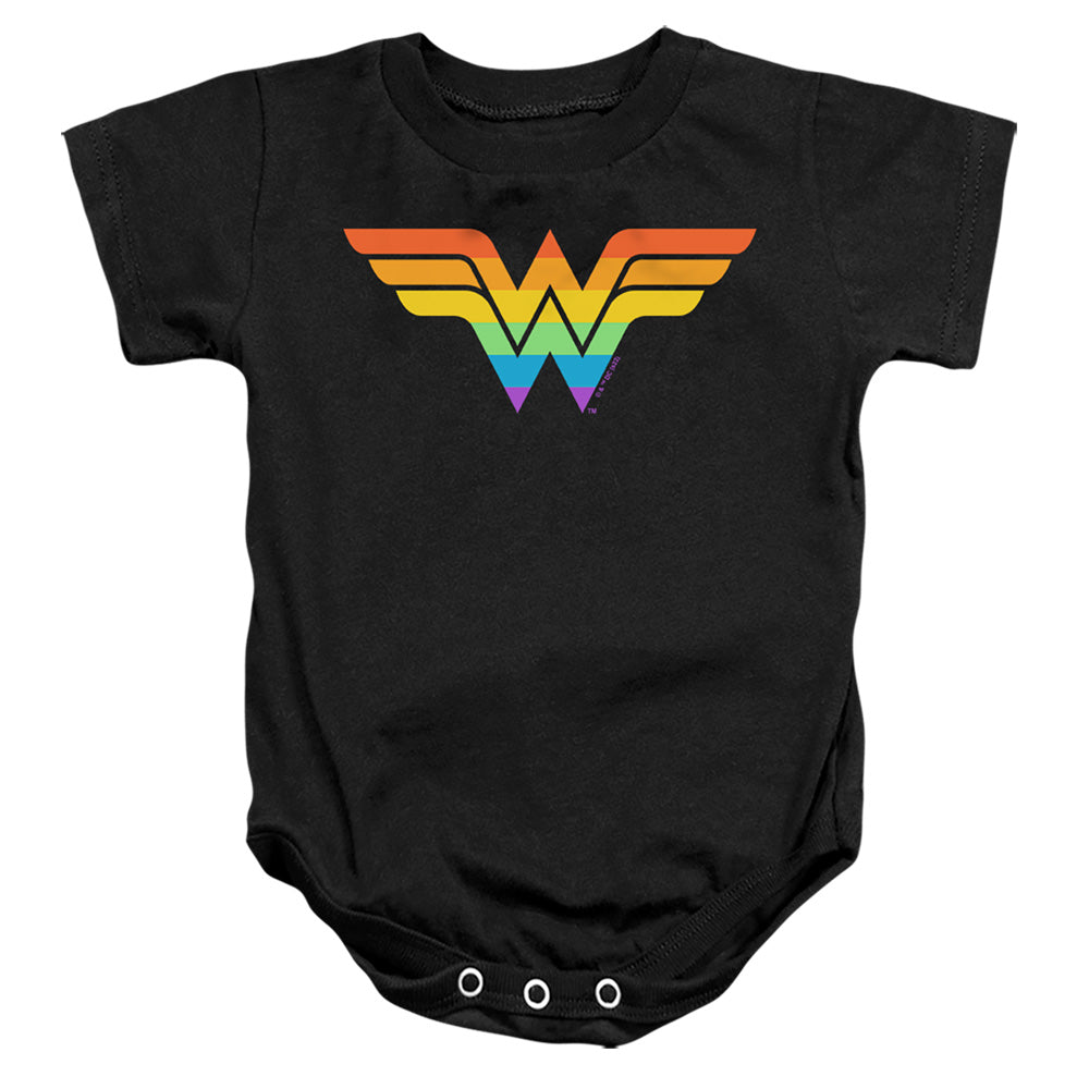 AN OFFCIALLY LICENSED JUSTICE LEAGUE WONDER WOMAN RAINBOW BABY BODYSUIT BLACK