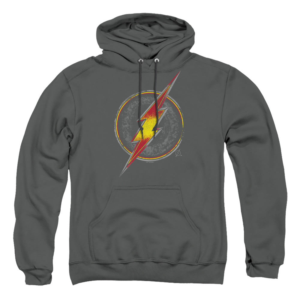 AN OFFCIALLY LICENSED JUSTICE LEAGUE FLASH BUSTED LOGO ADULT UNISEX PULLOVER HOODIE CHARCOAL