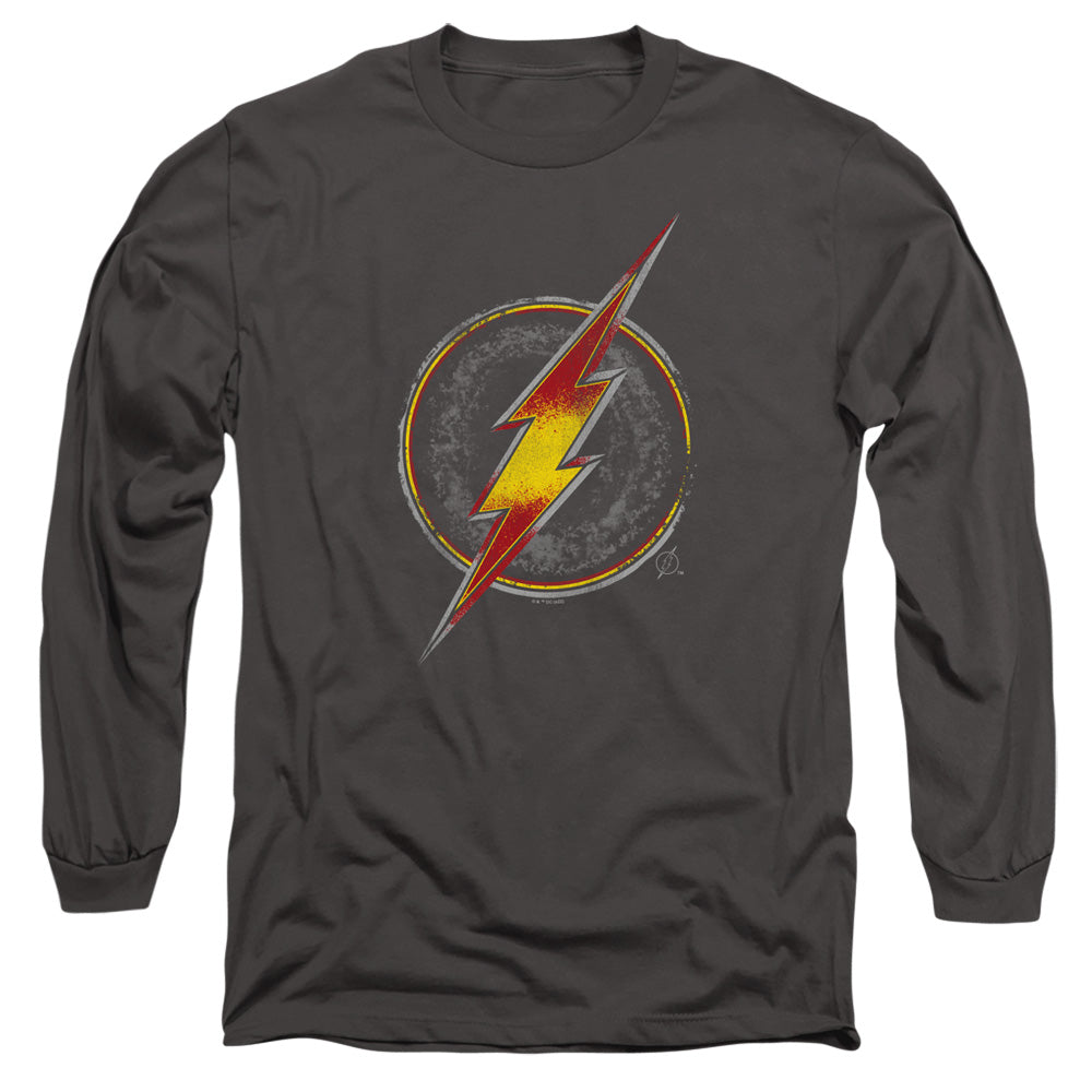 AN OFFCIALLY LICENSED JUSTICE LEAGUE FLASH BUSTED LOGO MEN'S LONG SLEEVE T-SHIRT CHARCOAL