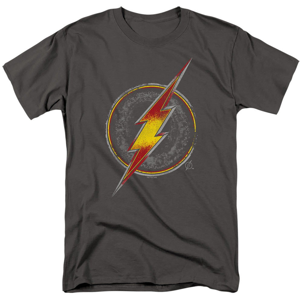 AN OFFCIALLY LICENSED JUSTICE LEAGUE FLASH BUSTED LOGO MEN'S REGULAR FIT T-SHIRT CHARCOAL