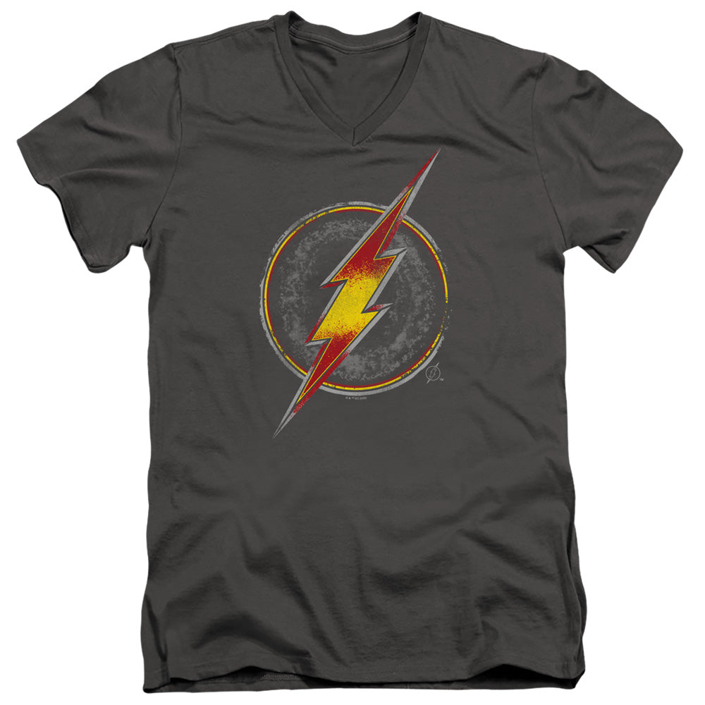 AN OFFCIALLY LICENSED JUSTICE LEAGUE FLASH BUSTED LOGO MEN'S V-NECK T-SHIRT CHARCOAL