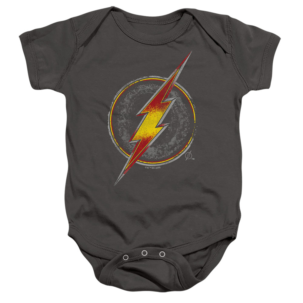 AN OFFCIALLY LICENSED JUSTICE LEAGUE FLASH BUSTED LOGO BABY BODYSUIT CHARCOAL