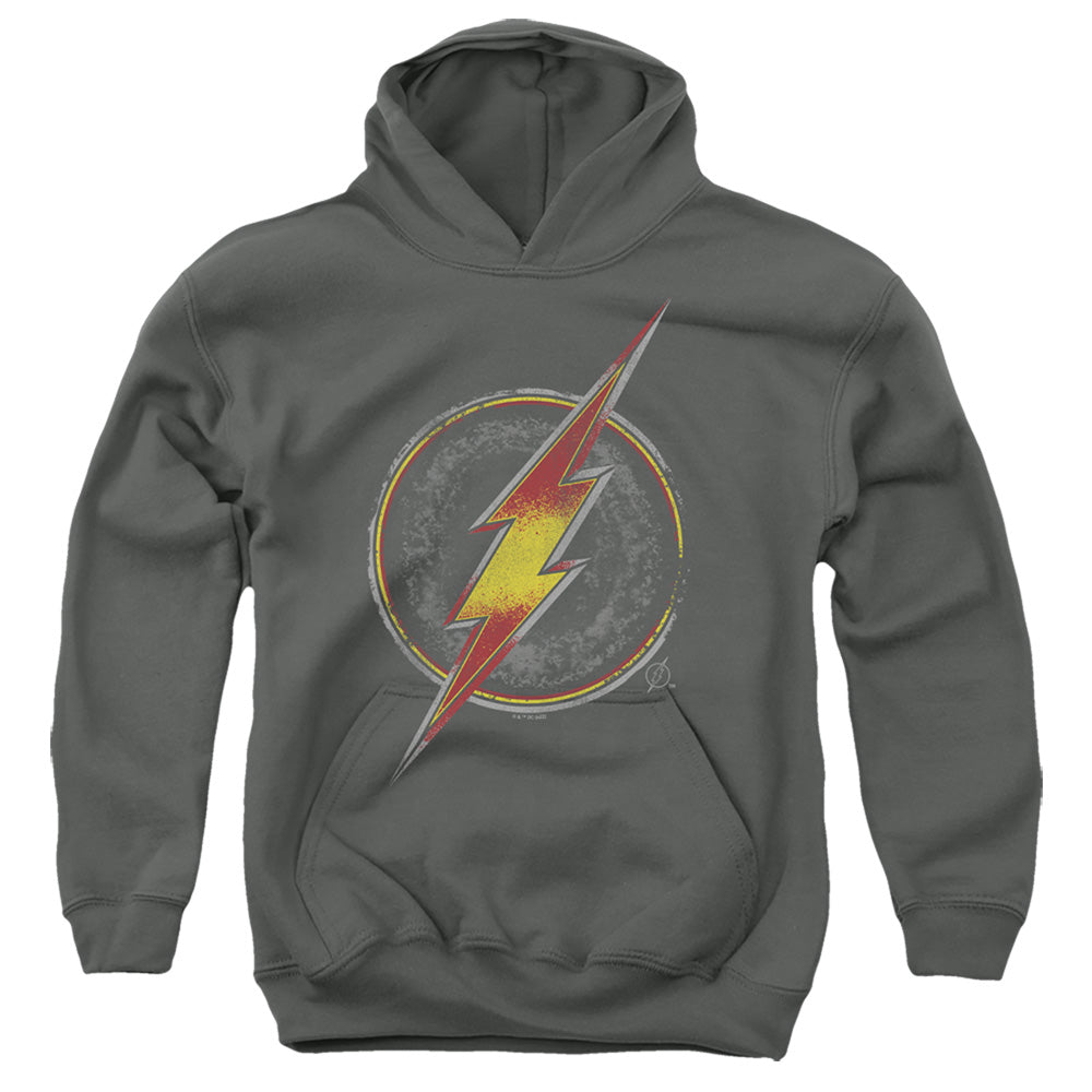 AN OFFCIALLY LICENSED JUSTICE LEAGUE FLASH BUSTED LOGO YOUTH HOODIE CHARCOAL