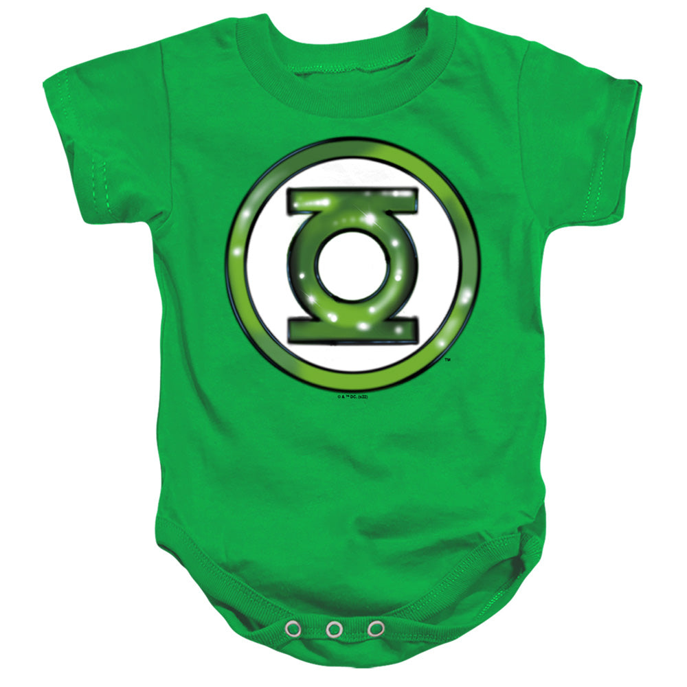 AN OFFCIALLY LICENSED JUSTICE LEAGUE GREEN LANTERN AIRBRUSH LOGO BABY BODYSUIT KELLY GREEN