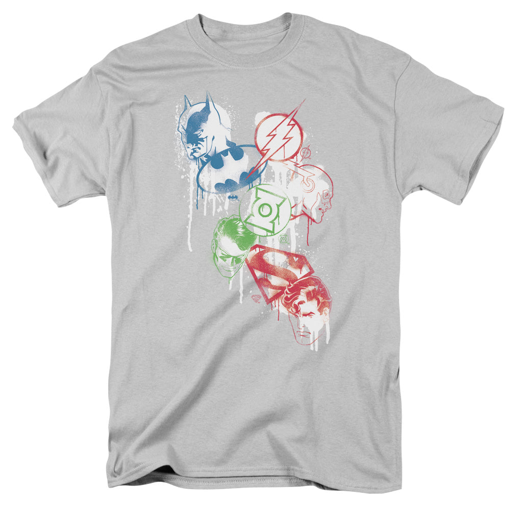 AN OFFCIALLY LICENSED JLA SPLATTER ICONS MEN'S REGULAR FIT T-SHIRT SILVER