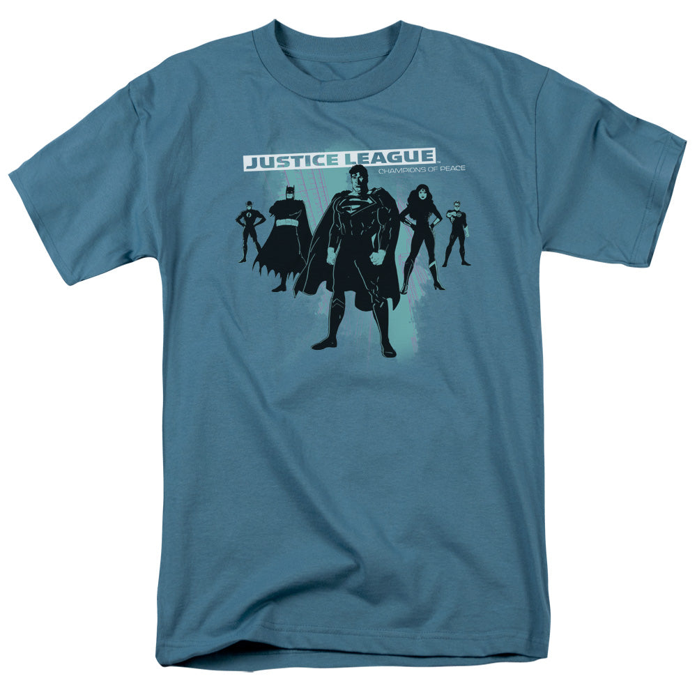 AN OFFCIALLY LICENSED JLA STAND MEN'S REGULAR FIT T-SHIRT SLATE
