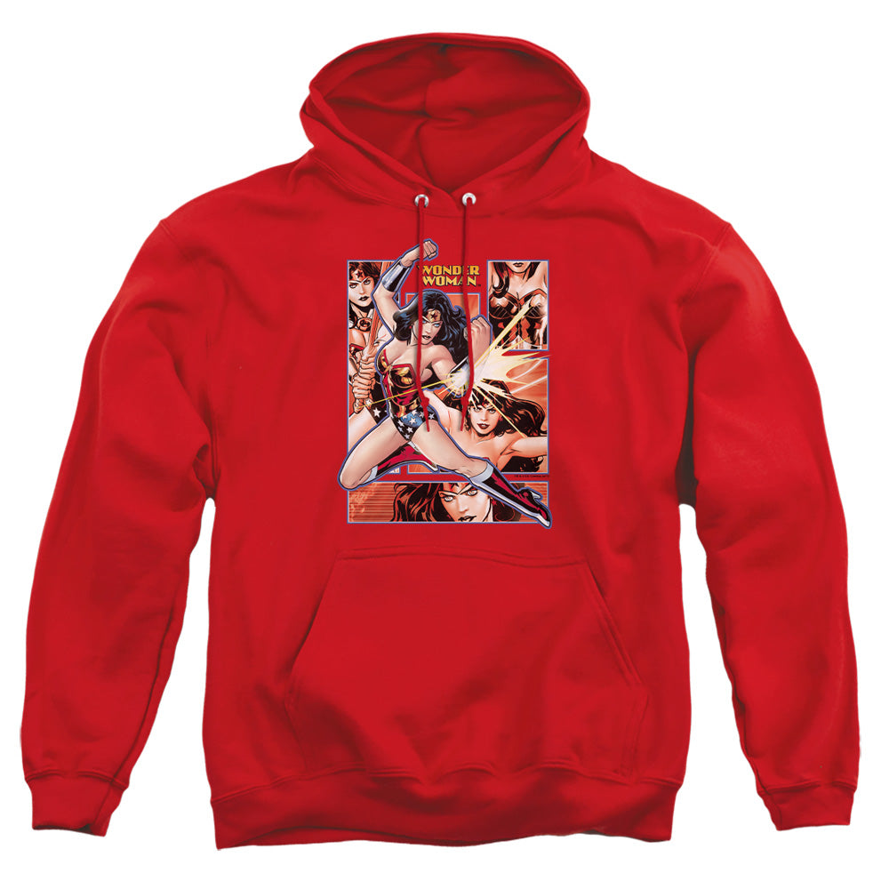AN OFFCIALLY LICENSED JLA WONDER WOMAN PANELS ADULT UNISEX PULLOVER HOODIE RED