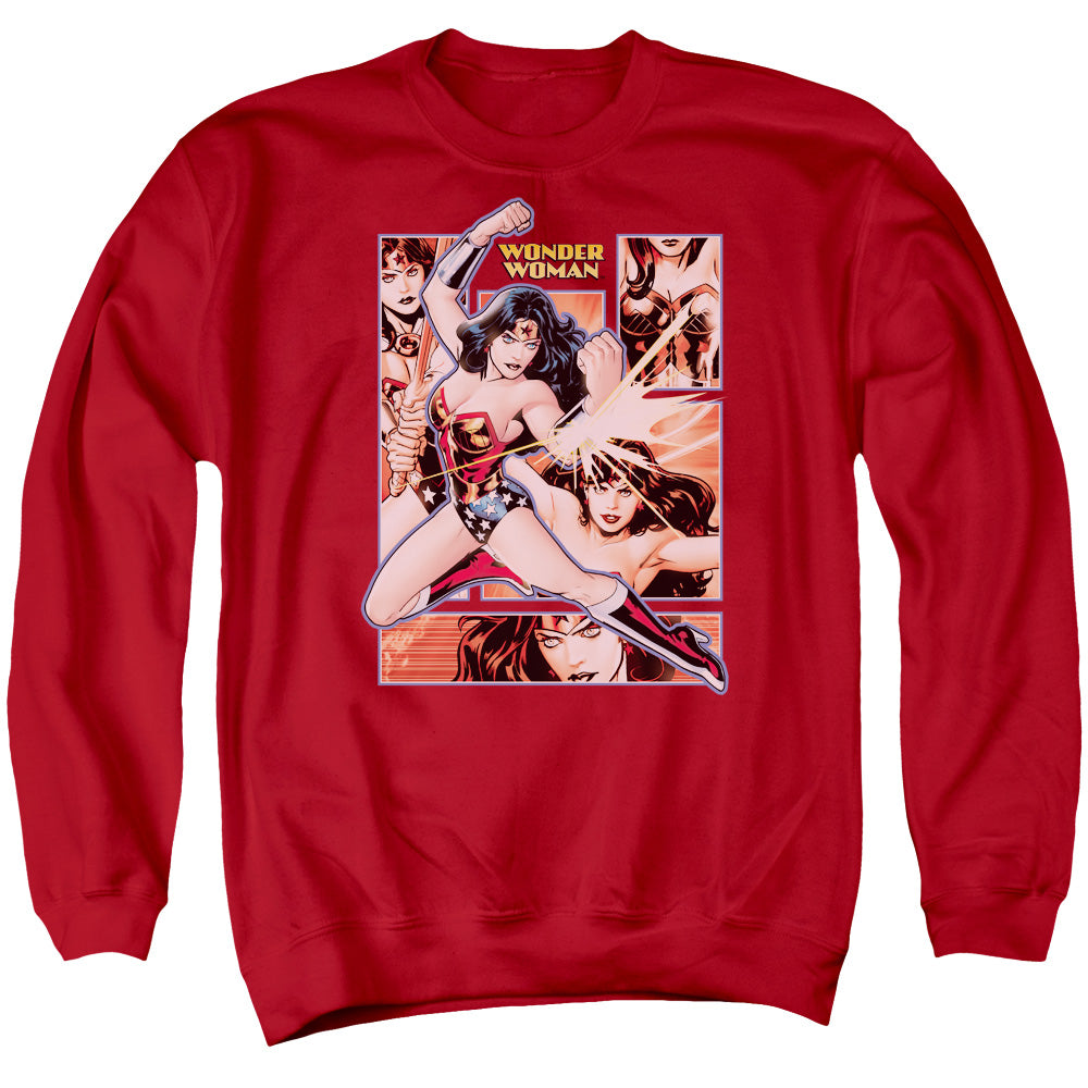 AN OFFCIALLY LICENSED JLA WONDER WOMAN PANELS ADULT UNISEX CREWNECK SWEATSHIRT RED