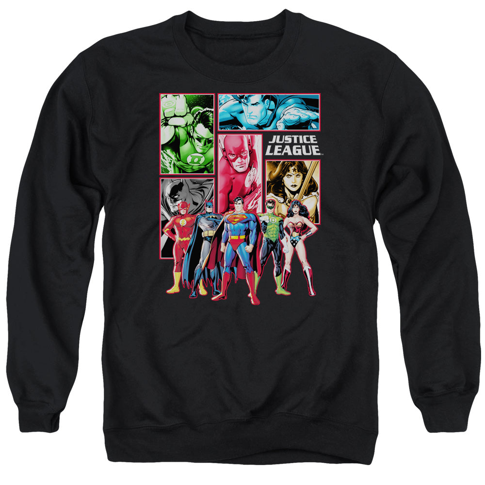 AN OFFCIALLY LICENSED JLA JUSTICE LEAGUE PANELS ADULT UNISEX CREWNECK SWEATSHIRT BLACK