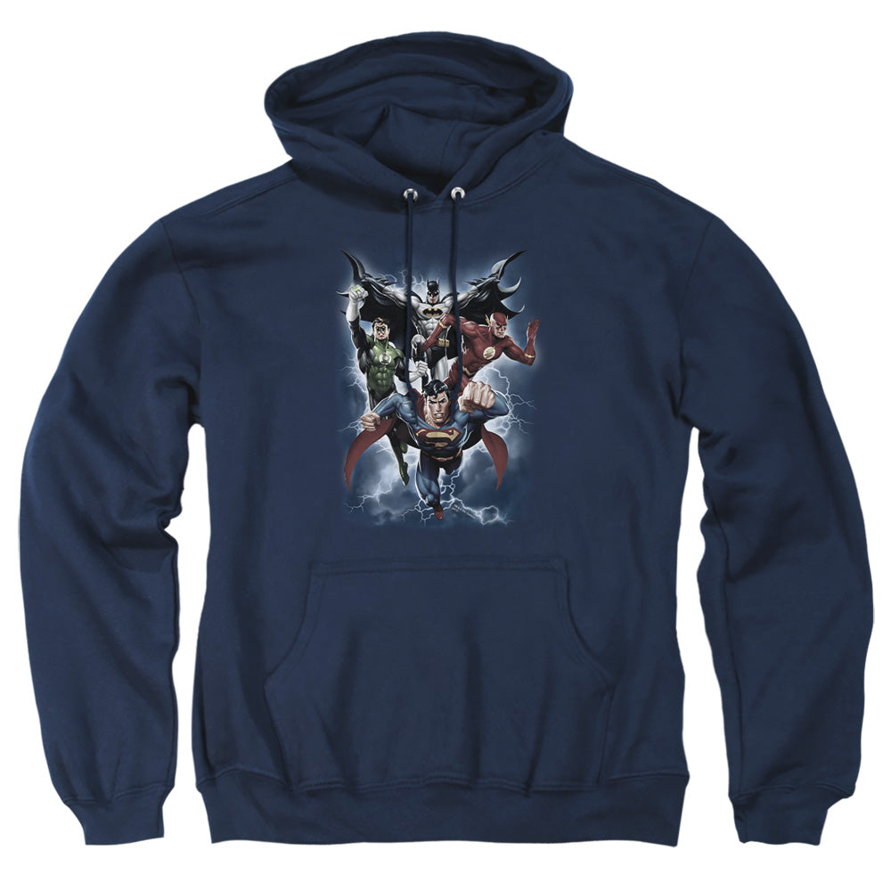 AN OFFCIALLY LICENSED JLA THE COMING STORM ADULT UNISEX PULLOVER HOODIE NAVY