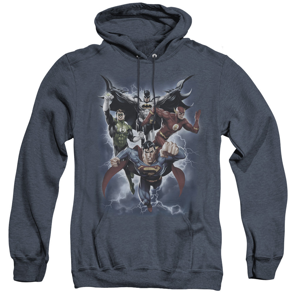 AN OFFCIALLY LICENSED JLA THE COMING STORM ADULT UNISEX HEATHER PULLOVER HOODIE NAVY