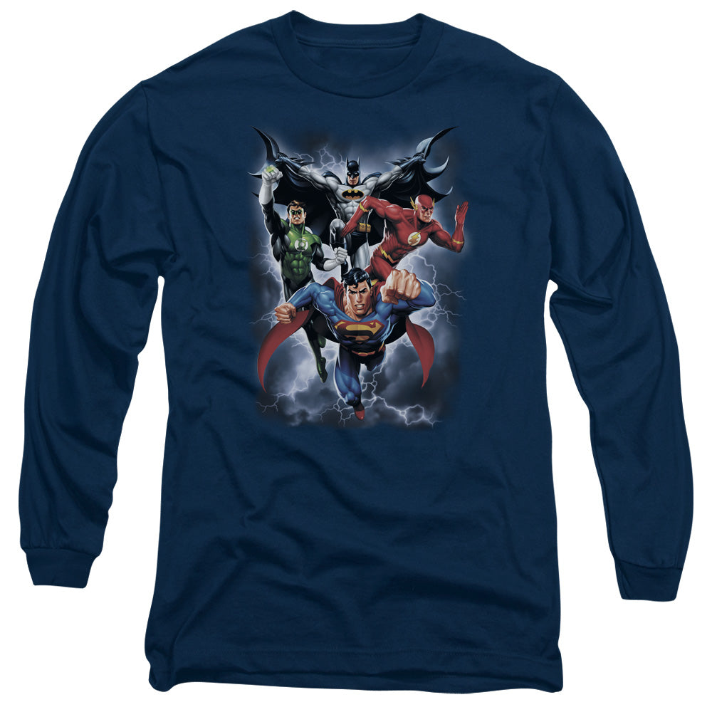 AN OFFCIALLY LICENSED JLA THE COMING STORM MEN'S LONG SLEEVE T-SHIRT NAVY