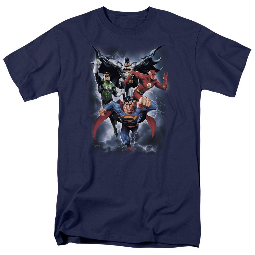 AN OFFCIALLY LICENSED JLA THE COMING STORM MEN'S REGULAR FIT T-SHIRT NAVY