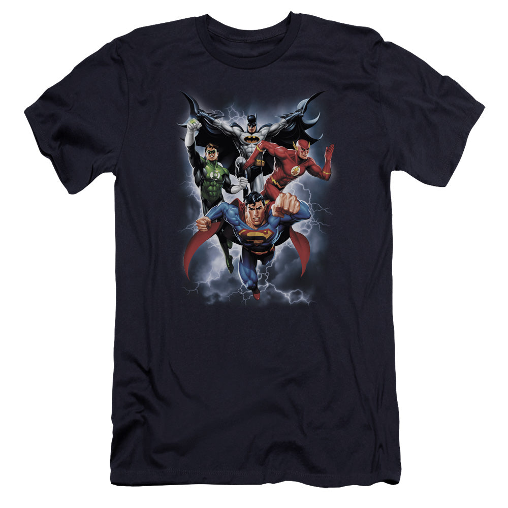 AN OFFCIALLY LICENSED JLA THE COMING STORM MEN'S PREMIUM SLIM FIT T-SHIRT NAVY