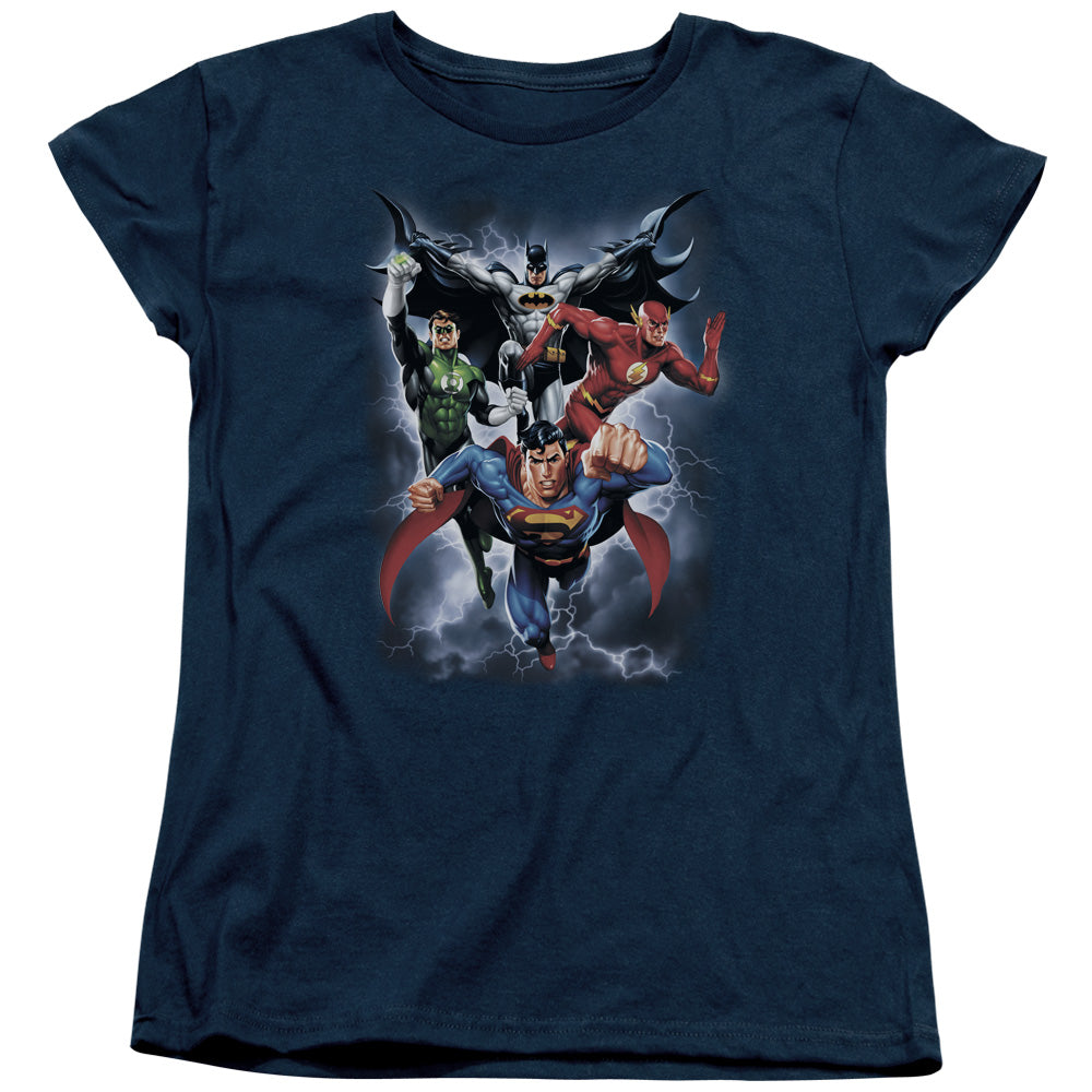 AN OFFCIALLY LICENSED JLA THE COMING STORM WOMEN'S REGULAR FIT T-SHIRT NAVY