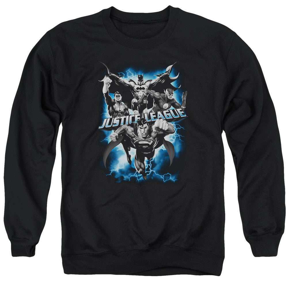 AN OFFCIALLY LICENSED JLA JUSTICE STORM ADULT UNISEX CREWNECK SWEATSHIRT BLACK