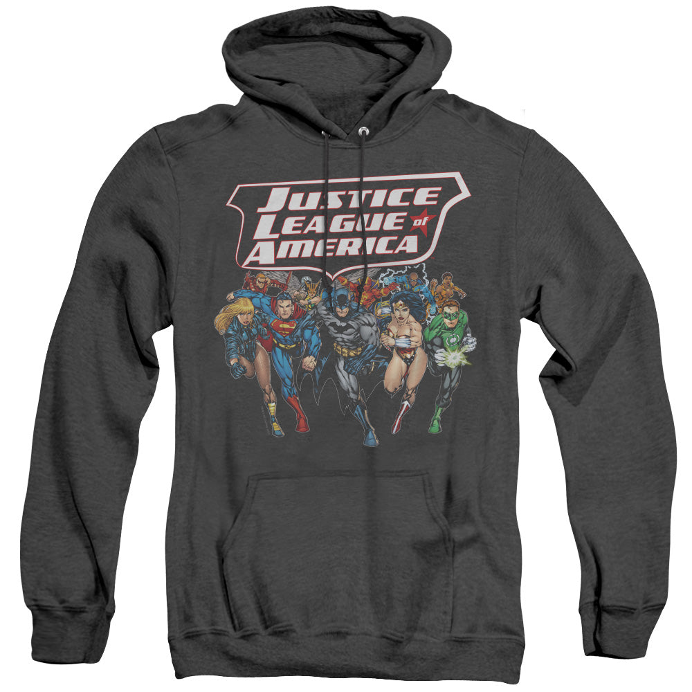 AN OFFCIALLY LICENSED JLA CHARGING JUSTICE ADULT UNISEX HEATHER PULLOVER HOODIE BLACK
