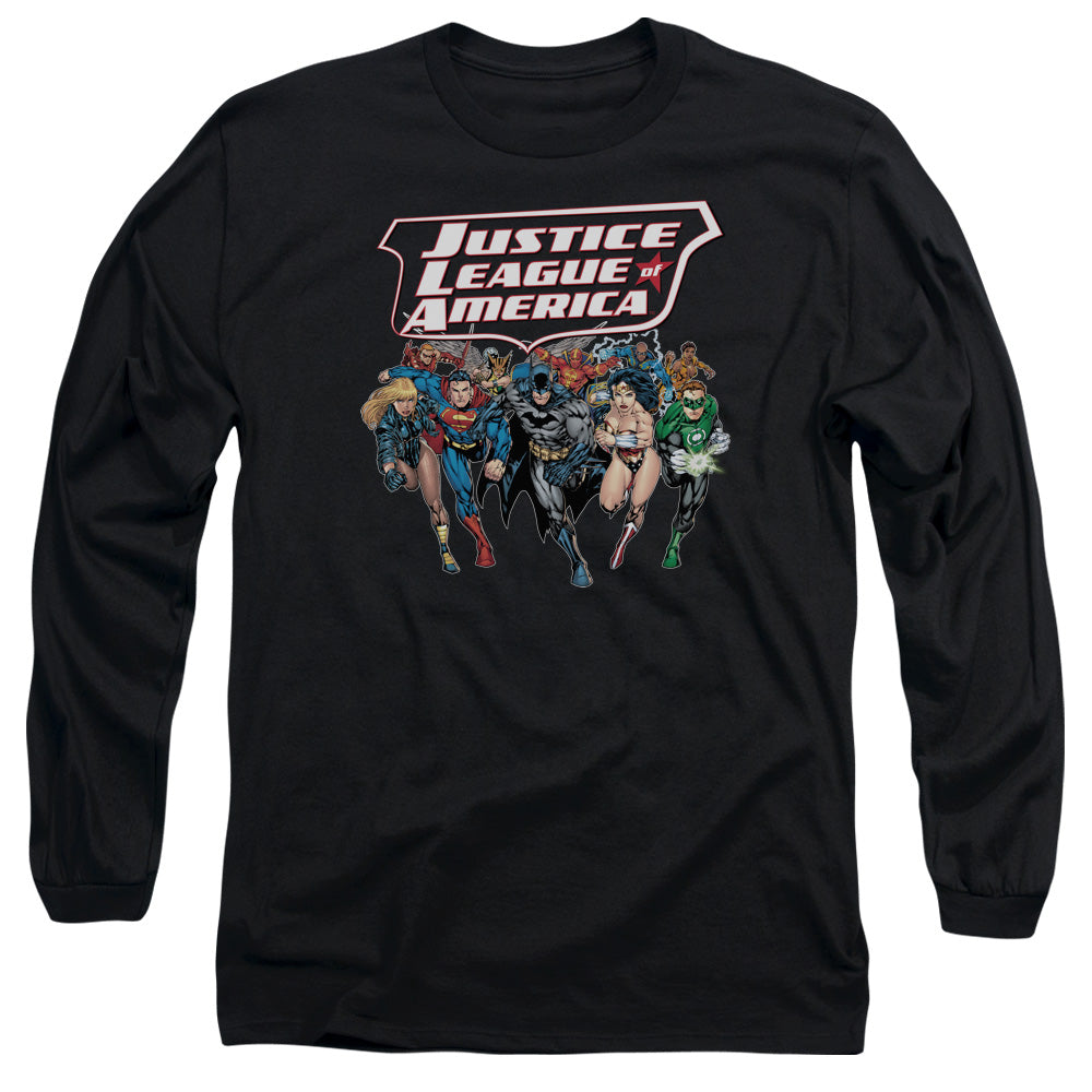 AN OFFCIALLY LICENSED JLA CHARGING JUSTICE MEN'S LONG SLEEVE T-SHIRT BLACK