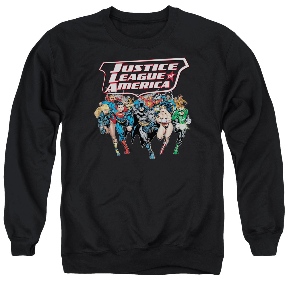 AN OFFCIALLY LICENSED JLA CHARGING JUSTICE ADULT UNISEX CREWNECK SWEATSHIRT BLACK