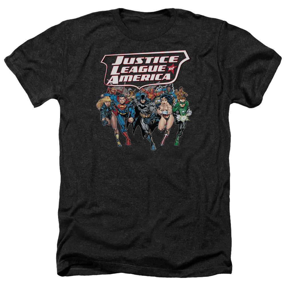 AN OFFCIALLY LICENSED JLA CHARGING JUSTICE MEN'S HEATHER T-SHIRT CHARCOAL
