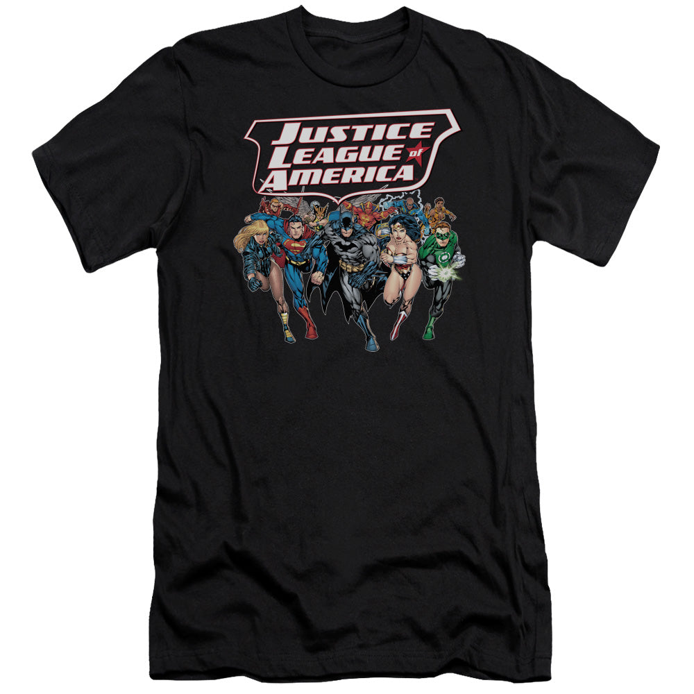 AN OFFCIALLY LICENSED JLA CHARGING JUSTICE MEN'S PREMIUM SLIM FIT T-SHIRT BLACK