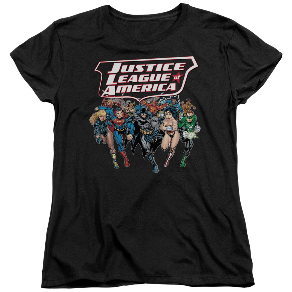 AN OFFCIALLY LICENSED JLA CHARGING JUSTICE WOMEN'S REGULAR FIT T-SHIRT BLACK